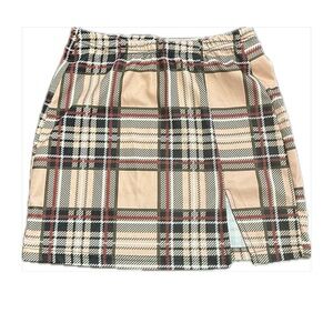 SHEIN Plaid Mini Skirt XS Slit Bodycon Tan Black Y2K